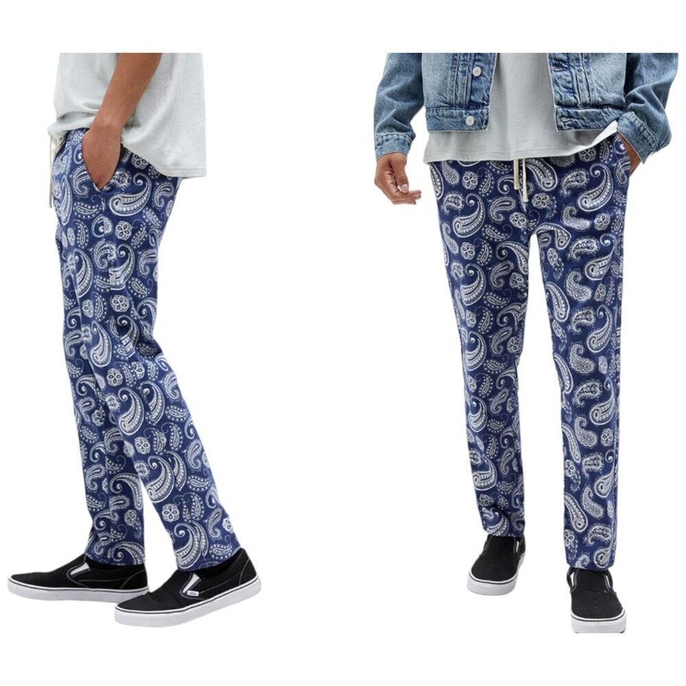 PacSun Pull On Pants Cotton Stretch Pockets Paisley Blue Boho Mens‎ S Slim NWT